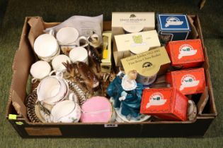 Box of assorted Ceramics to include Doulton Lady, Ringtons Boxed boxed mugs etc