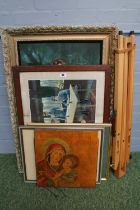 Collection of assorted Framed Pictures and prints with a folding wooden adjustable art Easel