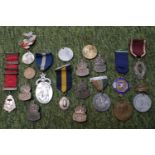 Box of Military and commemorative medallions and Badges inc ARP, Silver Masonic, 1937 Coronation etc