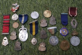 Box of Military and commemorative medallions and Badges inc ARP, Silver Masonic, 1937 Coronation etc