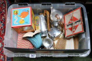 Box of assorted bygones inc. Piquet ware Tea set on tray, Vintage Monopoly etc