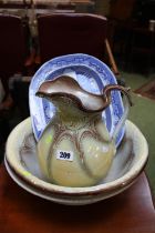 Edwardian Wash Jug with Bowl, another bowl and a Willow Pattern Meat Plate