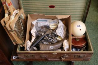 Case of assorted Bygones to include Rackets, Ostrich Egg etc