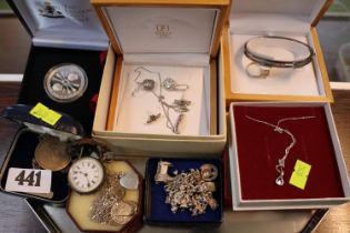 Collection of assorted Silver and other Jewellery to include Pocket watch, Silver Charm Bracelet,