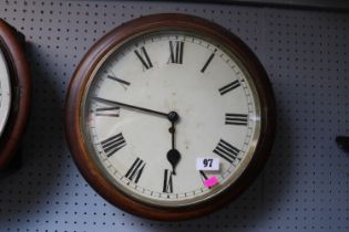 Edwardian Mahogany wall clock with roman numeral dial and brass bezel