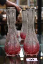 Pair of Silver Rimmed Crackle glass bud vases with faded Cranberry to clear