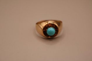 Ladies Yellow gold Turquoise set signet ring, Size P. 1.3g total weight