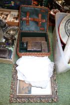 Wicker Gentlemen's traveling case and a Qty. of Antique Table clothes