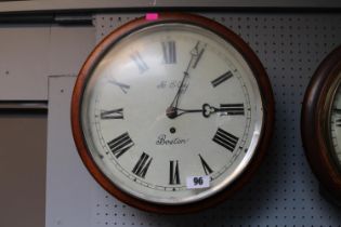 H Eley of Boston Circular faced mahogany wall clock with roman numeral dial 36cm in Diameter