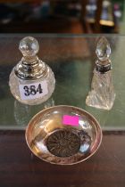 2 Silver Topped scent bottles and a 925 Silver Macedonian Sun face decorated dish