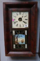 American Mahogany rectangular cased wall clock with roman numeral dial and hand painted marine scene