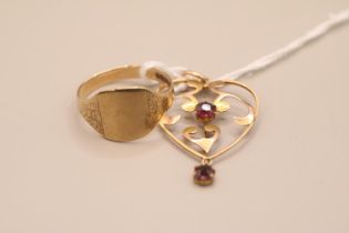 9ct Gold Signet ring and a 9ct Gold Garnet set drop pendant 3.7g total weight