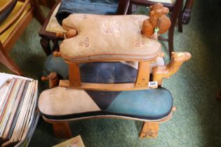 2 Vintage Carved Wooden Camel seats with Leather Cushions