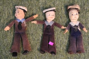 3 Norah Wellings Cloth Sailor Dolls, one marked Orion. Made In England