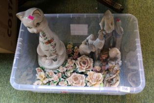 Collection of Italian Capodimonte Floral decorations, Polychrome painted model of a cat and assorted