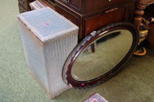 Vintage Linen basket, Oval framed mirror and a Oak tea tray