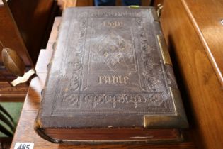 19thC Holy Leather bound bible with brass fittings