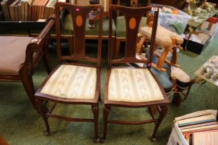 Pair of Edwardian Walnut inlaid dining chairs with upholstered seats