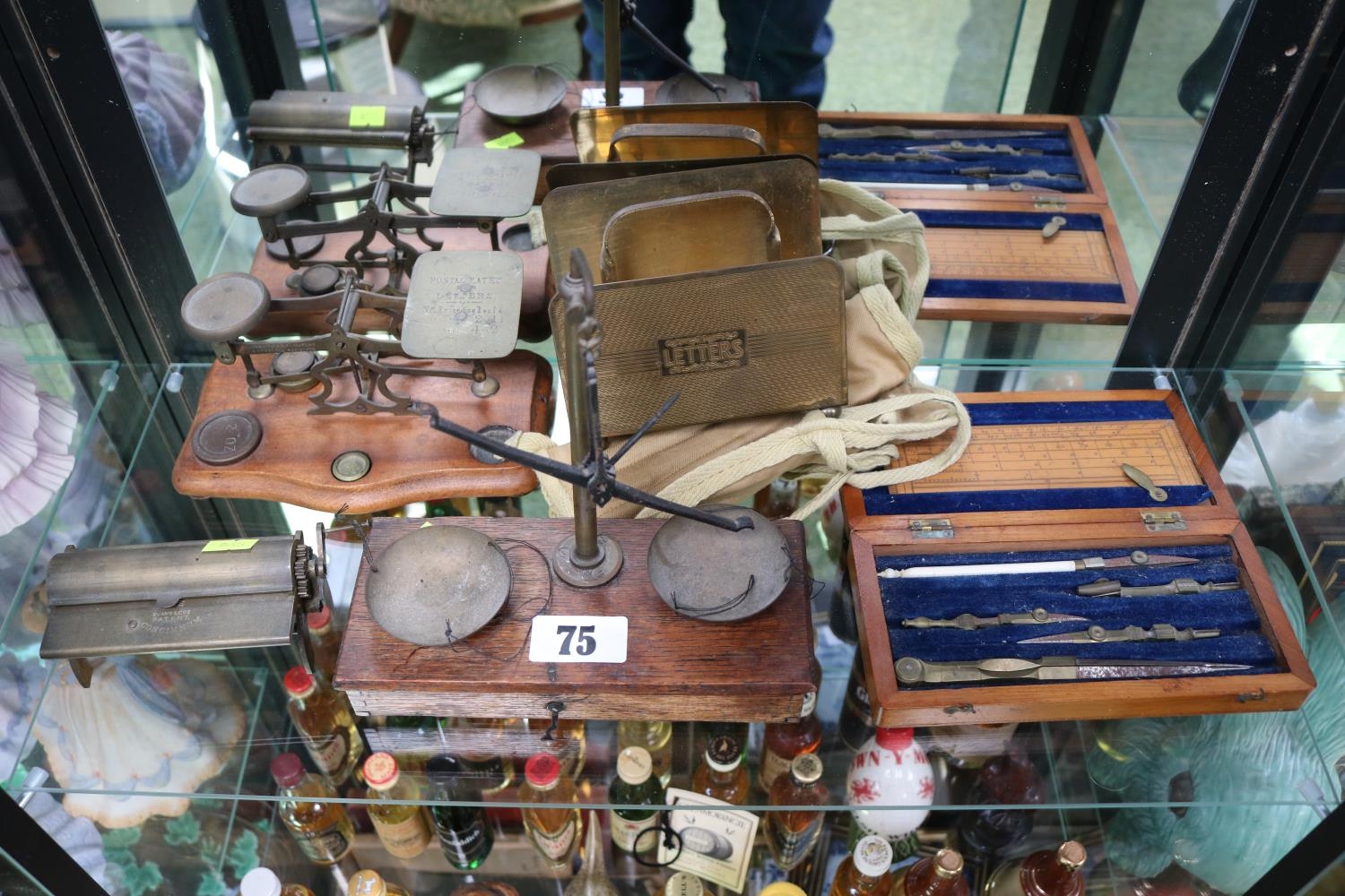 Brass Postage weighing Balance, Travelling scales, Draughtsman's set, Brass cigarette roller,