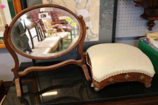 19thC Walnut framed oval bevel edge dressing table mirror & a Walnut upholstered Gout Stool