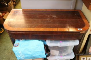 19thC Walnut Inlaid fold over card table over tapering legs