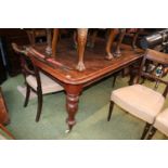 19thC Mahogany Dining table on turned legs and ceramic casters 154cm in Length and 1 Leaf 43cm in