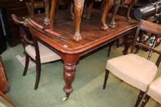 19thC Mahogany Dining table on turned legs and ceramic casters 154cm in Length and 1 Leaf 43cm in