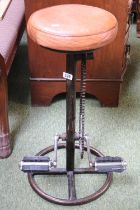 Unusual Leather seated stool with Cycle pedal foot rest on tubular metal frame