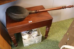 Victorian Mahogany rectangular table on turned supports and a Copper warming pan with turned handle