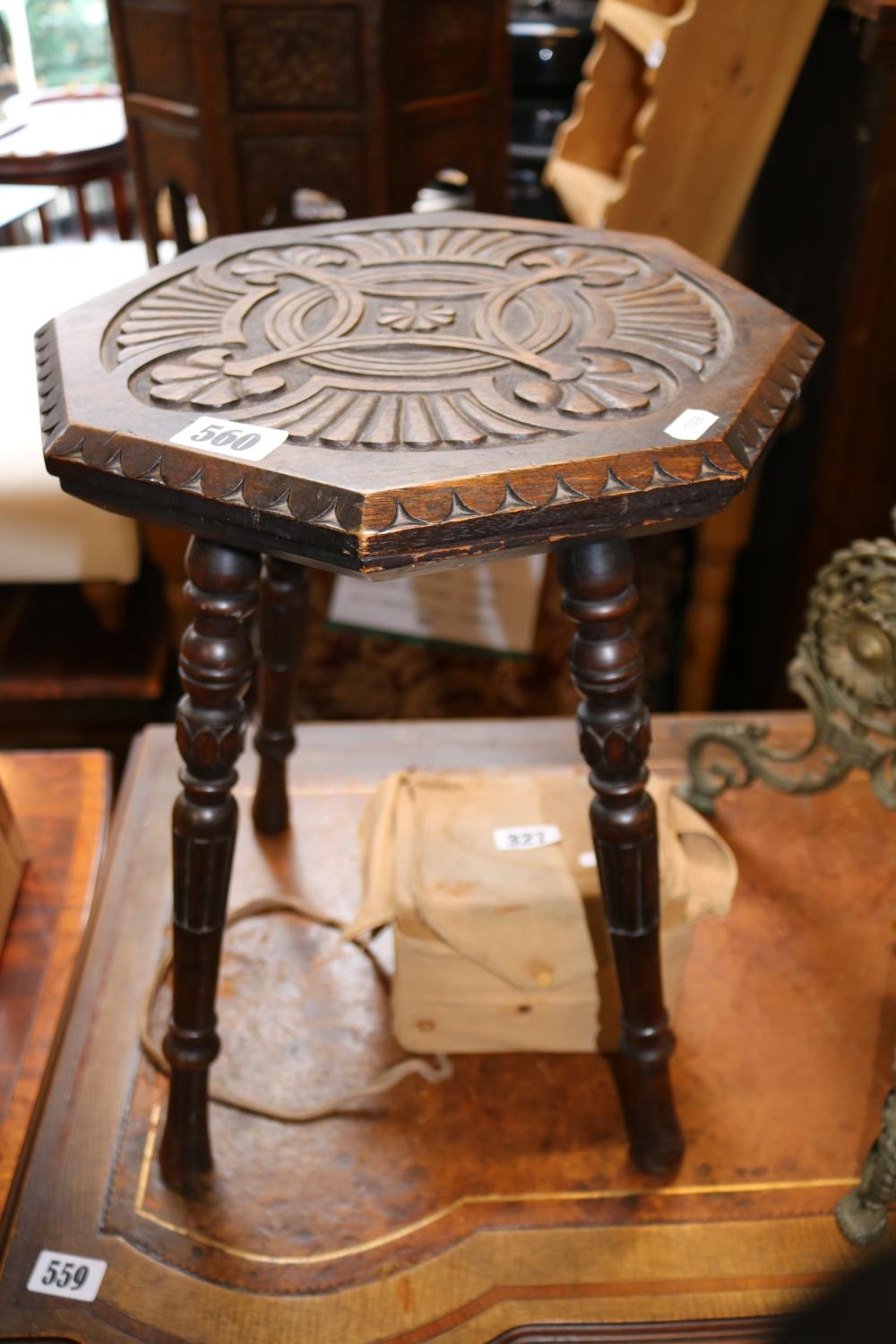 Late 19thC Carved Octagonal Stool on turned and tapering legs