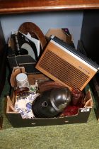 2 Boxes of assorted Glassware and pottery with a Tandberg Portable Radio 41