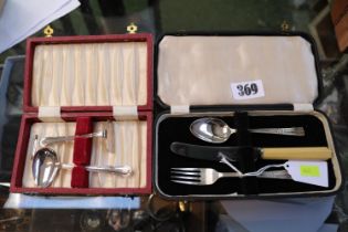Cased Silver Christening set with bone handled knife and a Cased Childs Pusher and spoon