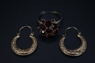 Pair of Yellow metal Earrings and a Silver Stone Set ring
