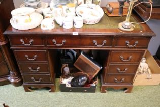 20thC Leather topped pedestal desk with metal drop handles