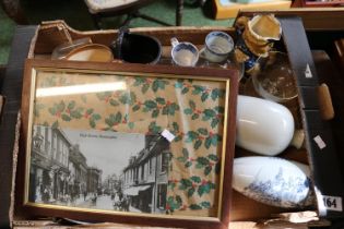 Framed print of High Street Huntingdon, 19thC Willow pattern plate and assorted ceramics and