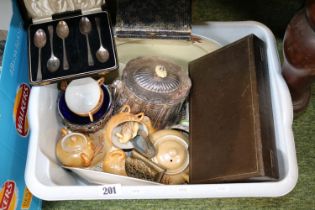 Box of ceramics and bygones to include Boxed Set of Silver Teaspoons etc