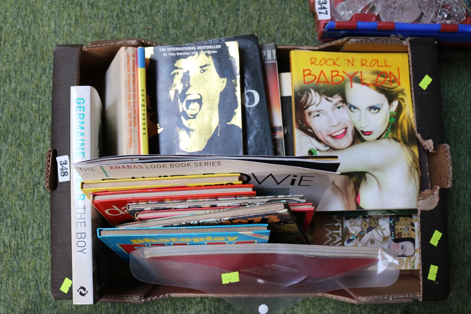 Box of assorted Vintage 1960s & 70s pop culture books top include Germaine Greer, rolling stones etc