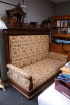 Large Continental upholstered sofa with high carved back over oak frame (breaks down to 5 Parts