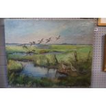 Oil on canvas depicting Geese in flight against Marshland, indistinctly signed to bottom right 63