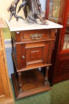 Marble topped Oak cabinet of single drawer above cupboard and under tier