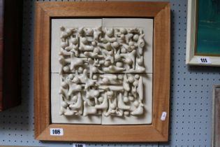 Leonard Edger Clay Pits Ewenny Pottery Abstract Art Pottery square sculpture in Teak Frame. 31cm x