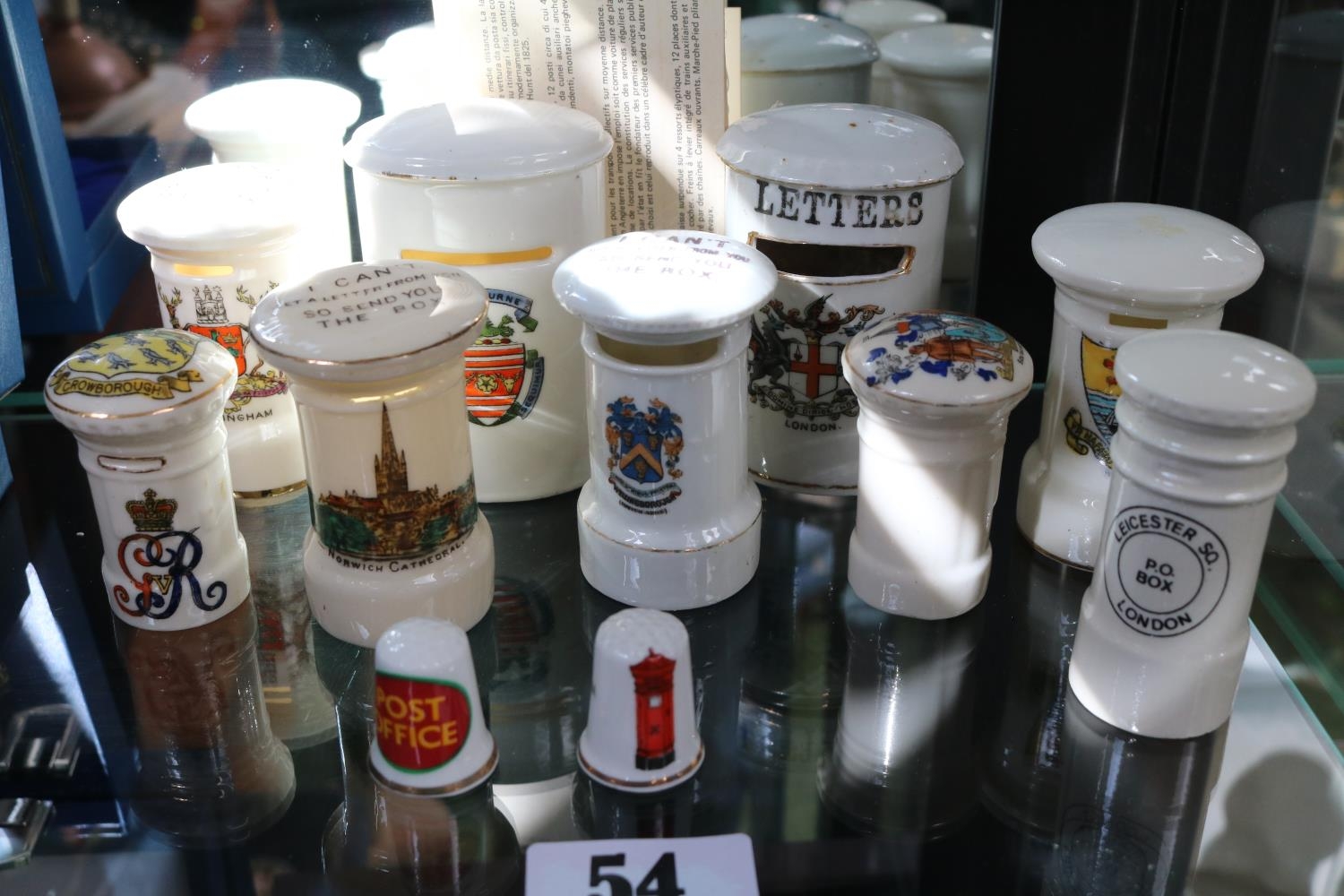 Collection of Crested China Post Pillar Boxes and 2 Thimbles