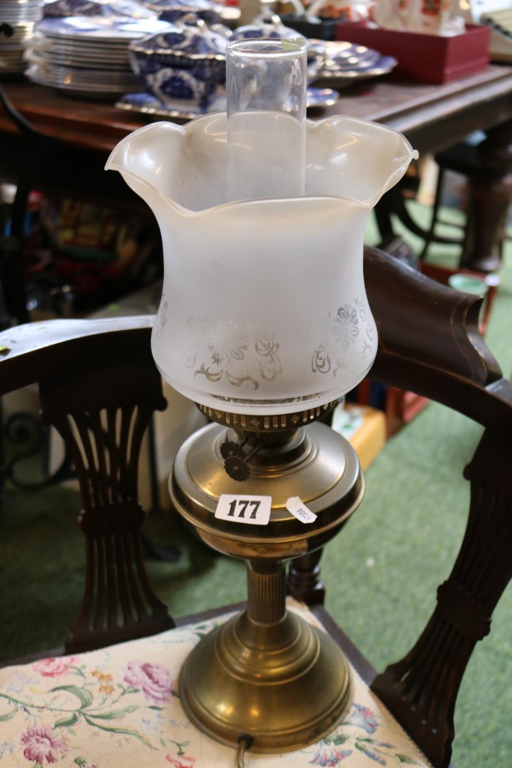 Brass Converted Oil Lamp with etched glass shade and Chimney