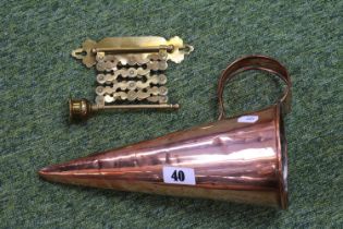 19thC Copper Funnel beer warmer and a Brass extending Candelabra