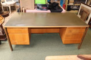 Mid Century Danish style light oak fronted Desk of 5 drawers with inset rexine top