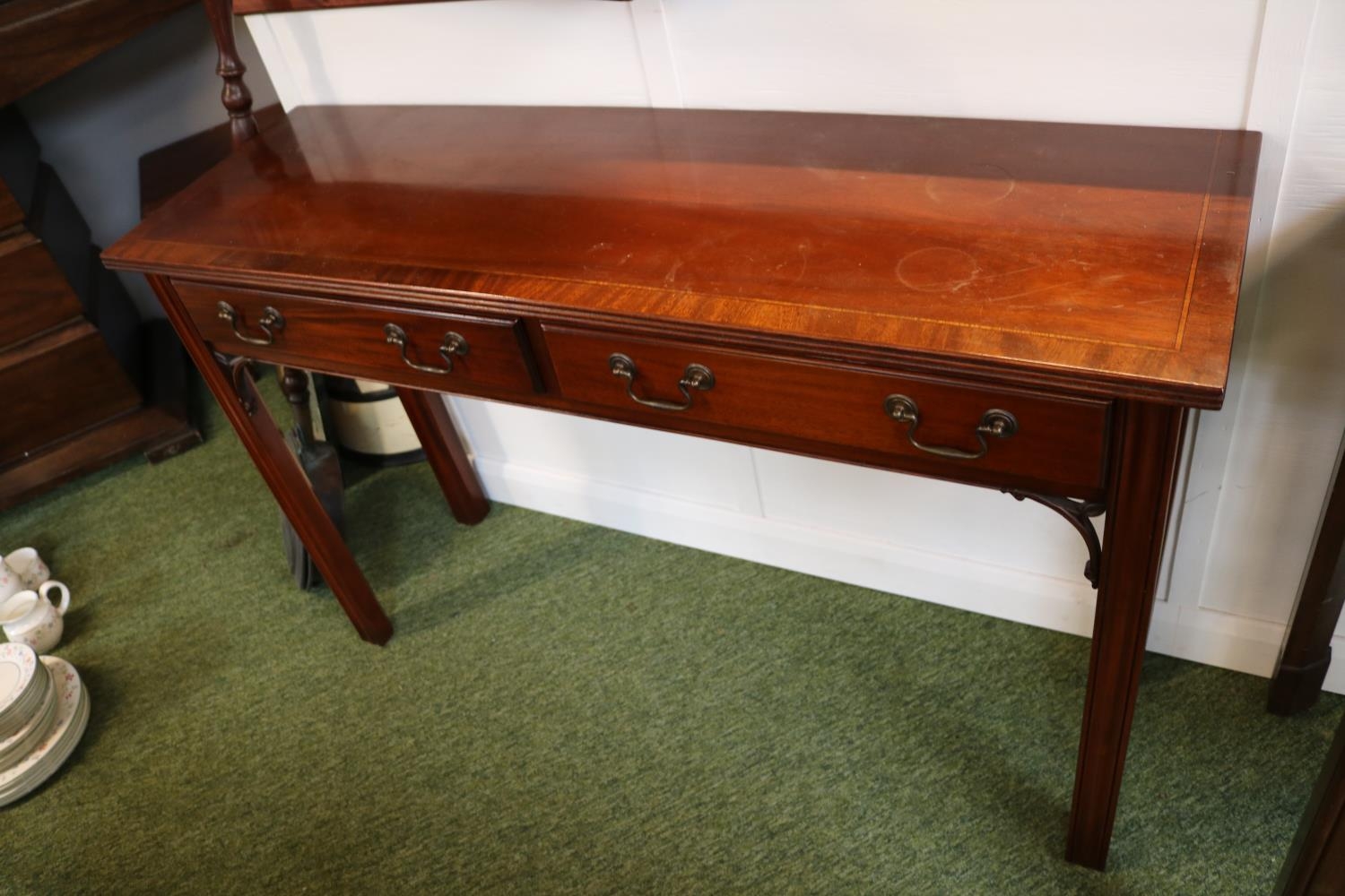 20thC Reproduction hall table of 2 drawers with brass drop handles