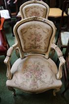 Pair of French Influenced Upholstered Elbow chairs on cabriole legs