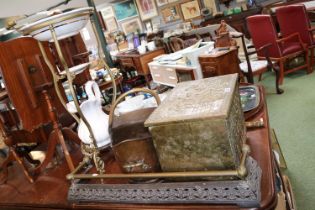 Brass embossed log box, Coal Scuttle, Fire Kerb and a Washstand with ceramics Jug and Bowl