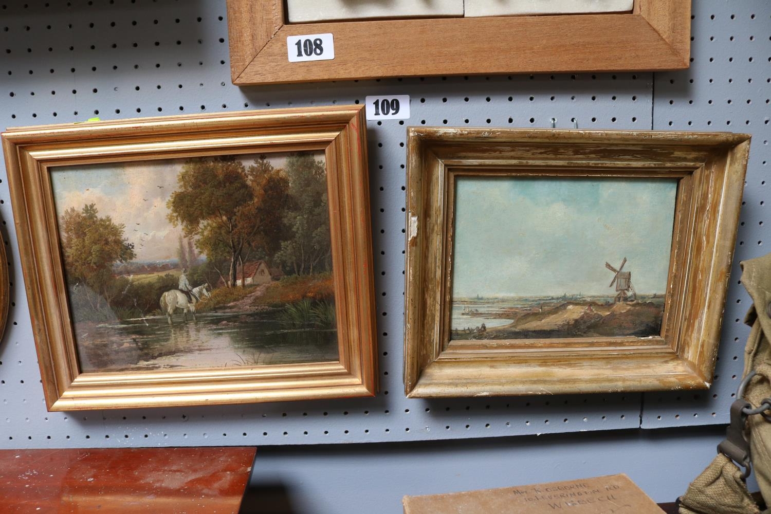 Oil on board of a Dutch coastal scene and a 19thC Oil on board of a horse crossing a river