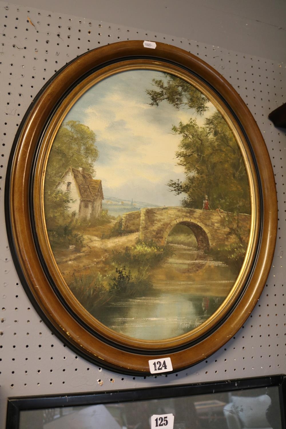 Robert Ixer Oval framed Oil on board of a river in countryside scene